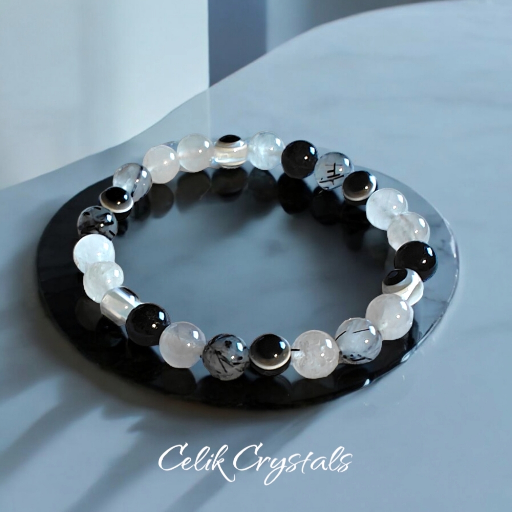 Tourmaline Quartz And Evil Eye Bracelet Handmade Natural Stones Unisex
